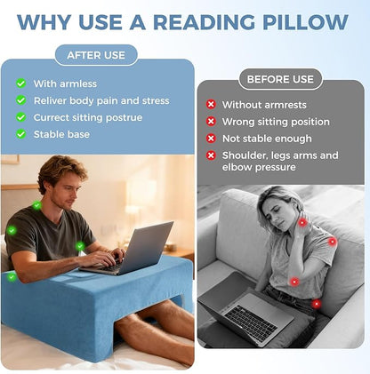Reading Pillow for Gaming Lap Desk Pillow for Laptop with Pocket Foldable Memory Foam Bed Desk for Reading Working Crocheting Gaming Arm Rest on Bed/Sofa/Floor/Couch/Car (Blue Foldable)