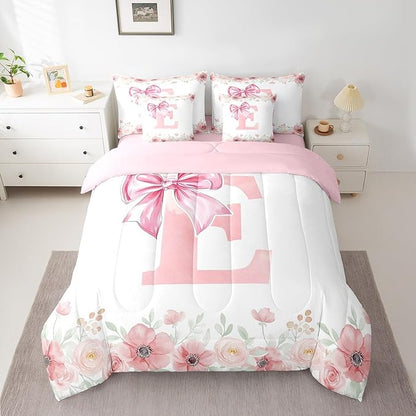 Erosebridal Cute Girly Bow Bedding Sets, Initial Letter E Bed in A Bag Full Size for Girls Kids Woman Flower Floral Comforter Set with Sheets Fresh Style Spring Bed Set Bedroom Decor 7 Pieces