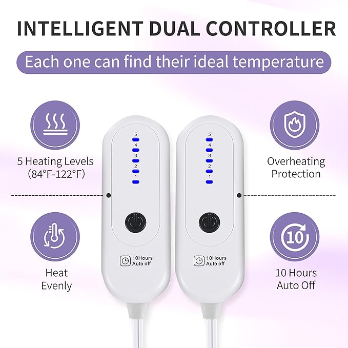 ESTINGO Electric Heating Blanket Queen Size, Heated Electric Blanket with 5 Heating Levels & 10 Hours Auto Off, Machine Washable Plush Heated Blanket 84" x 90", Lavender Violet