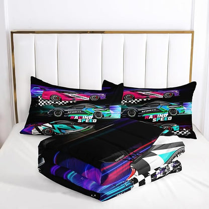 AILONEN Racing Car Comforter Set for Kids Boys Teens Twin Size, Extreme Speed Race Bedding Sets,Cool Sports Bed in a Bag,3D Car Theme Duvet Set,1 Quilt and 2 Pillowcases,3 Pieces
