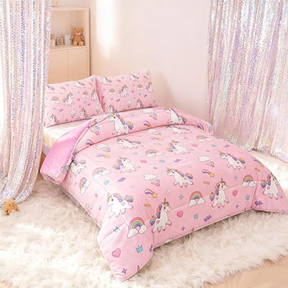 Peopleareok Unicorn Comforter Set Full(79x90 Inch), 3 Piece Cute Pink Unicorn Print Comforter, Kids Cartoon Kawaii Comforter for Girls Bedroom Decor All Season