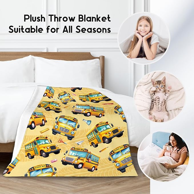 Kids Blanket Gifts for Boys School Bus Blankets - Warm Plush Flannel Throws for Bedroom (60"x80")