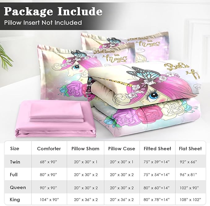 Full Size Comforter Set with 2 Pillowcases & 2 Shams, Cute Unicorn Butterfly 7 Pcs Bedding for Kids and Teens, Princess Flower Horse Bed in a Bag with Flat Fitted Sheet