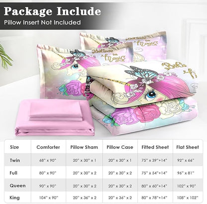 Full Size Comforter Set with 2 Pillowcases & 2 Shams, Cute Unicorn Butterfly 7 Pcs Bedding for Kids and Teens, Princess Flower Horse Bed in a Bag with Flat Fitted Sheet
