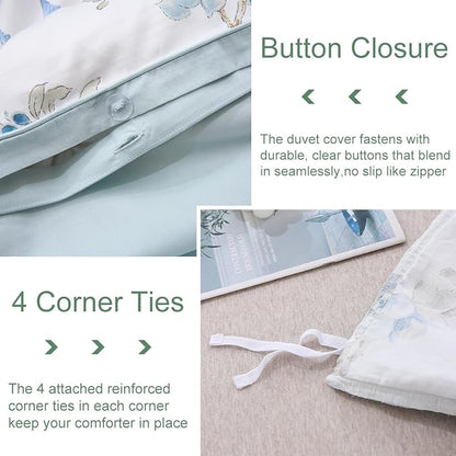 URBONUR Blue Floral Duvet Cover Set King Size 3 Pieces, 100% Cotton Duvet Cover with 2 Pillowcases, Soft & Breathable Bedding Sets with Button Corner Ties
