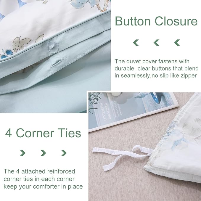 URBONUR Full Size Duvet Cover Sets Light Blue Garden Floral Bedding Comforter Cover, Ultra-Soft & Breathable Duvet Sets for All Season, Button Closure & Corner Ties
