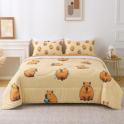 Wajade Capybara Comforter Set 7 Piece Cute Brown Animal Bedding Set Capybara for Boys Girls Room Decoration Twin Size with Sheet and 2 Pillowcases 2 Pillow Shams Cute Bed in a Bag as Birthday Gift