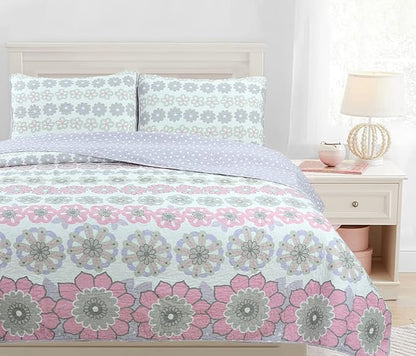 Cozy Line Home Fashions Whimsical Purple Lavender Pink Floral 100% Cotton Girls Reversible Quilt Bedding Set, Bedspread, Coverlet (Lilac Bloom, Twin - 2 Piece)