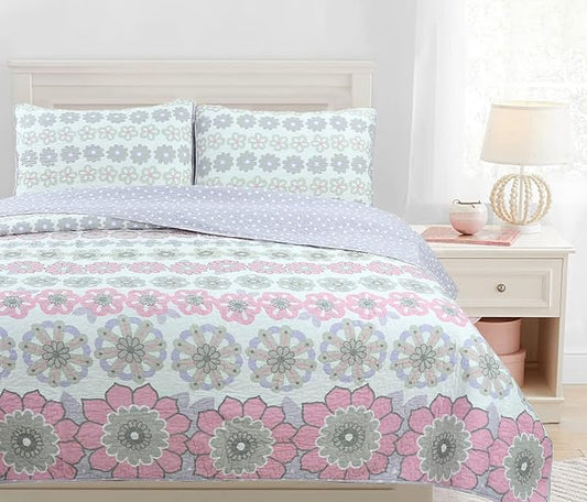 Cozy Line Home Fashions Whimsical Purple Lavender Pink Floral 100% Cotton Girls Reversible Quilt Bedding Set, Bedspread, Coverlet (Lilac Bloom, Twin - 2 Piece)