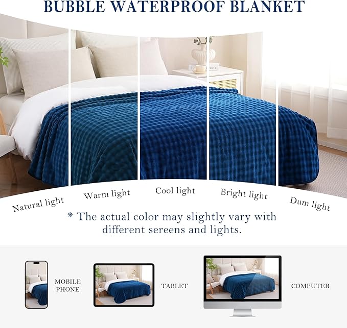 Waterproof Blanket for Bed Couch Sofa Car, Soft Leakproof Dog Blanket with 3D Bubble Pattern, Reversible Water Proof Pet Blankets for Dogs Cats Puppies (50"x60", Navy Blue)