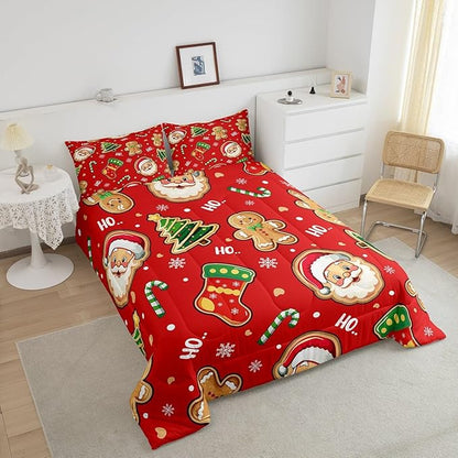 Erosebridal Santa Claus Comforter Set Queen,Cute Gingerbread Man Bedding for Kids Child Teens,Cartoon Christmas Tree Snowflake Comforter Sets,Red Green Xmas Duvet Insert with 2 Pillowcases