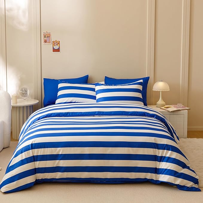 Wellboo Blue White Striped Comforter Sets Twin Navy Blue Striped Bedding Comforters Cotton Men Boys Modern Boho Black Geometric Quilts Blue and White Ticking Stripe Quilts Preppy Vertical Lines Bed
