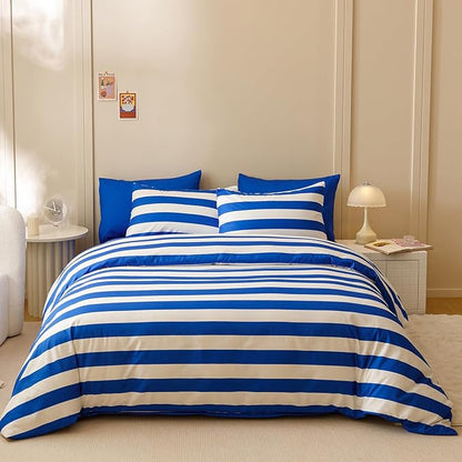 Wellboo Blue White Striped Comforter Sets King Navy Blue Striped Bedding Comforters Cotton Men Boys Modern Boho Black Geometric Quilts Blue and White Ticking Stripe Quilts Preppy Vertical Lines Bed
