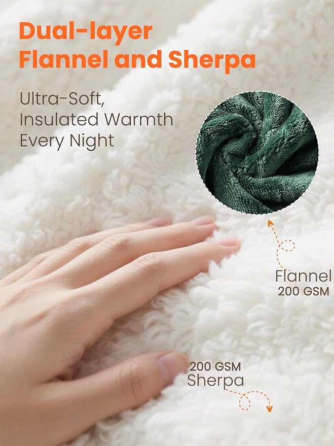 Electric Heated Blanket Throw, Ultra‑Cozy Premium Flannel & Sherpa, Even Heat Distribution & Stable Temp, 1–8H Auto‑Off, 8 Temps (86–125.6°F), Overheat Protection, Ideal Gifts for Grandma
