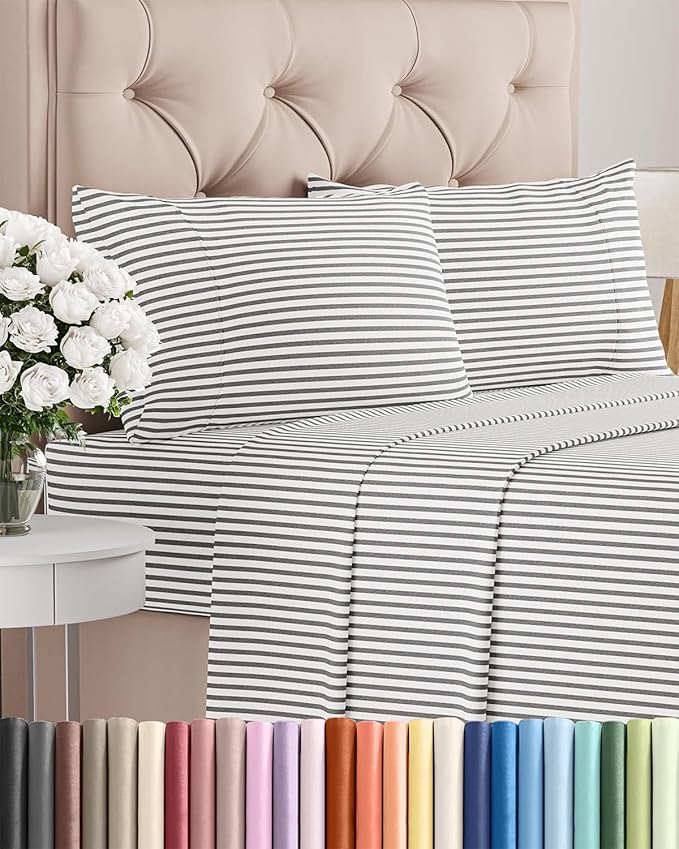 Twin XL 4 Piece Sheet Set - Comfy Breathable & Cooling - Soft Hotel Luxury Bedding Set with 8-16 Inch Deep Pockets - 1 Flat & 1 Fitted Sheet & 2 Pillowcases - Wrinkle Free & Easy Care - Grey Stripes 2