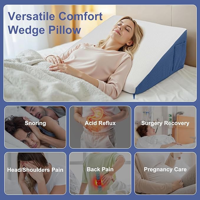 Wedge Pillow for Headboard, 7.5’’ Triangle Elevated Bed Wedge Pillow for Acid Reflux Relief, Sleeping, Post Surgery, Back Pain Relief, Snoring, Soft Memory Foam Top & Washable Breathable Cover, Blue