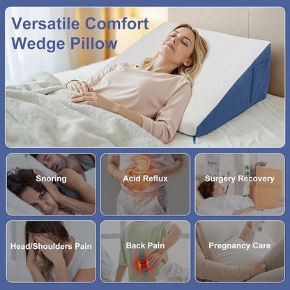 Wedge Pillow for Headboard, 7.5’’ Triangle Elevated Bed Wedge Pillow for Acid Reflux Relief, Sleeping, Post Surgery, Back Pain Relief, Snoring, Soft Memory Foam Top & Washable Breathable Cover, Blue