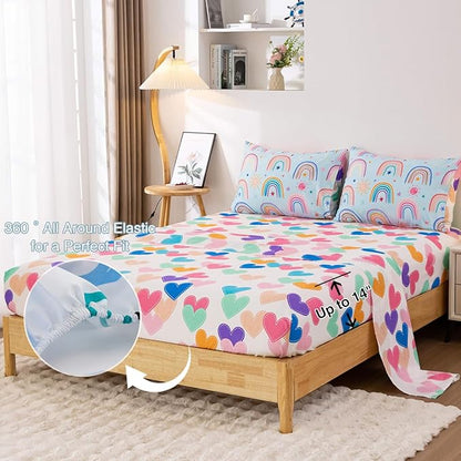 Holawakaka Boho Rainbow Full Comforter Set with Sheets, 5-Piece Bohemian Love Heart Star Bedding Set for Girls & Women - Super Soft Microfiber Kids Teen-Girls Full Size Blue Reversible Bed in A Bag