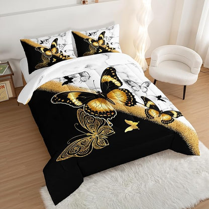 Kids Bedding Twin Size Comforter Set,Black and Gold Butterfly Bedding Comforter Sets for Boys Girls Room Decor,Animal Themed Artistic Aesthetic Bedding Sets with 2 Pillowcases.