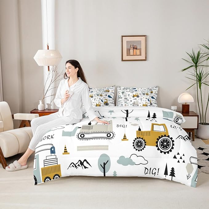 Feelyou Cartoon Car Kids Comforter Set with Sheets 7 Piece Full Size Construction Bedding Set Boys Decor Equipment Trucks Bed in a Bag Excavator Tractor White Yellow Bed Set Bedroom