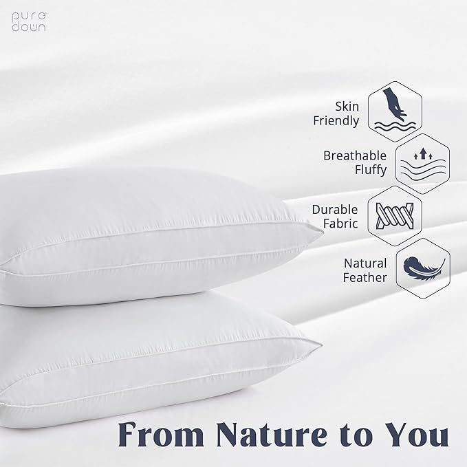 puredown® Goose Feather Down Sleeping Pillows Soft Bed Pillows for Sleeping with 100% Cotton Shell Set of 2 King Size