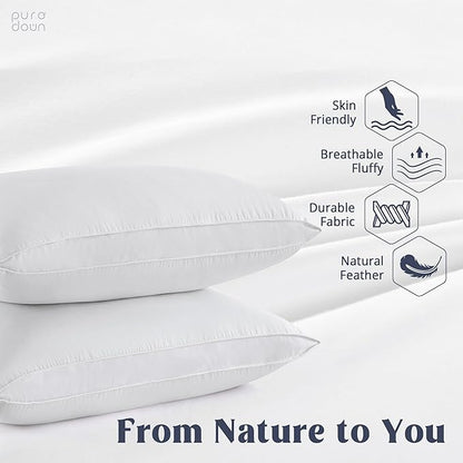 puredown® Goose Feather Down Sleeping Pillow Soft Bed Pillow for Sleeping with 100% Cotton Shell Set of 2 Queen Size