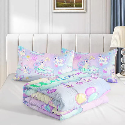 Kid Unicorn Comforter Set Twin Size 3Pcs White Cloud Star Love Heart Pattern Quilt Balloon Bedding Set for Boys Girls with 1 Comforter and 2 Pillowcases