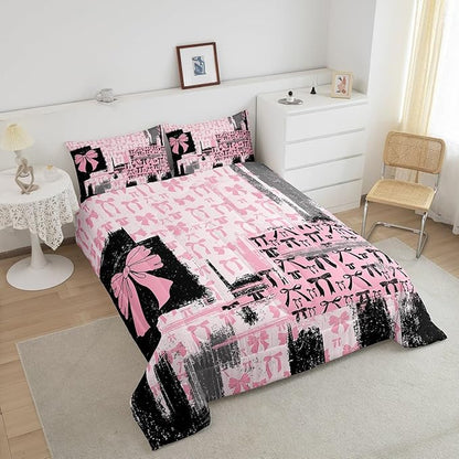Feelyou Pink Grey Black Comforter Toddler Size Bowknot Comforter Set for Boys Girls Children Coquette Bows Bedding Set Room Decor Watercolor Bow Duvet Set 2Pcs
