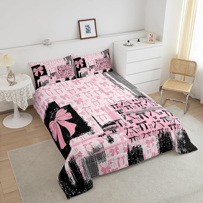 Feelyou Pink Grey Black Comforter Full Size Bowknot Comforter Set for Boys Girls Children Coquette Bows Bedding Set Room Decor Watercolor Bow Duvet Set 3Pcs