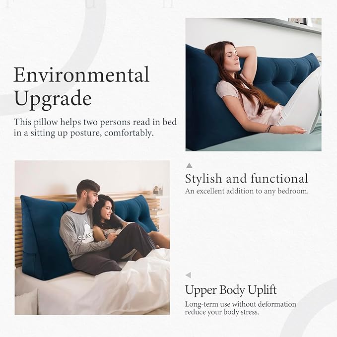 11 lbs Thickened Queen Headboard Pillow for Sitting Up in Bed, Back Support Reading Pillow with Side Pocket and Velvet Removable Cover, Triangular Large Wedge Headboard Pillow