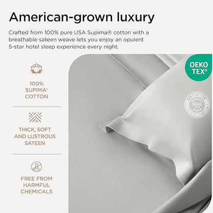 Threadmill Luxury Supima Cotton Sheets, Luxury 1000 Thread Count Soft 100% Cotton Sheets for Queen Size Bed, 4 Pc Light Grey Bed Sheets Queen Set, 5-Star Hotel Quality Deep Pocket Bed Sheets Set