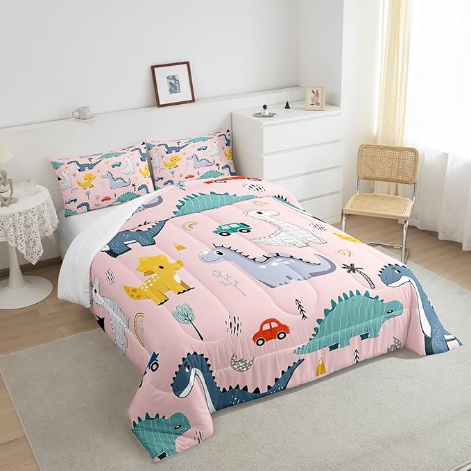 Cute Dino Kids Comforter Set Twin Size,Cartoon Cars Dinosaur Rainbow Print Bedding Set for Kids Boys Men,Kawaii Animal Vehicle Drawn Pink Quilted Duvet Set with 1 Pillowcase
