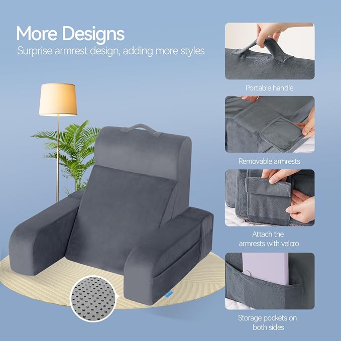 Kayfia Reading Pillow, 10 in 1 Back Pillow for Bed Sitting up with Detachable Arms Rest, Back Rest with Gel Memory Foam, Husband Pillow for Reading/Gaming/Working in Bed or Couch 21'', Gray