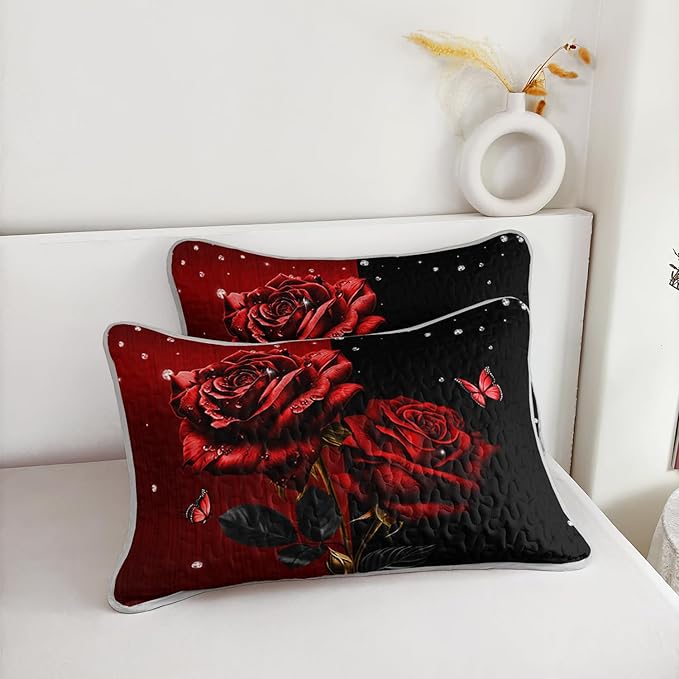 Red Floral Queen Quilted Sets,Romantic Red and Black Bedding Quilt Set,Rose Pattern Soft Lightweight Bedding All Season for with 2 Pillowcases.