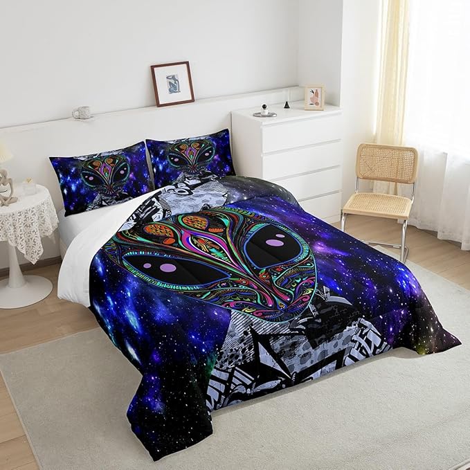 Feelyou Alien Printed Comforter Kids Galaxy Outer Space Themed Bedding Set Boys Girls Trippy Alien Hippie Skull Decor Comforter Set Colorful Tie Dye Quilted Duvet Bedroom Bed Set Full Size…