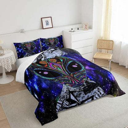 Feelyou Alien Printed Comforter Kids Galaxy Outer Space Themed Bedding Set Boys Girls Trippy Alien Hippie Skull Decor Comforter Set Colorful Tie Dye Quilted Duvet Bedroom Bed Set Full Size…