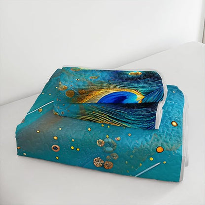 Blue Green Peacock Feathers Quilt Bedding Twin 3Pcs Tropical Wild Animal Bed Set Tie-Dye Luxury Pattern Lightweight Bedspread Coverlet with 2 Pillowcases for Kid Boy Girl Teen Adult Room Decor