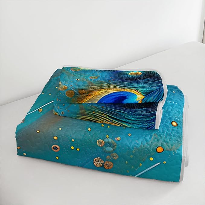 Blue Green Peacock Feathers Quilt Bedding Full 3Pcs Tropical Wild Animal Bed Set Tie-Dye Luxury Pattern Lightweight Bedspread Coverlet with 2 Pillowcases for Kid Boy Girl Teen Adult Room Decor