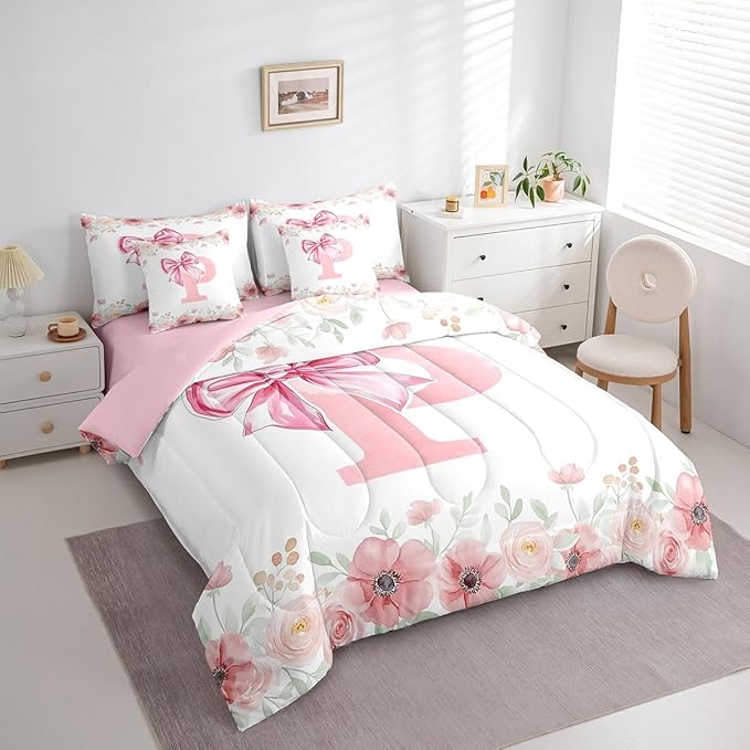 Erosebridal Initial Letter P Bow Bedding Sets for Kids Girls, Pink Girly Bowknot Bed in A Bag Queen Cute Fantasy Princess Bedding Set Bedroom Decor Romance Flower Floral Comforter Set with Sheets