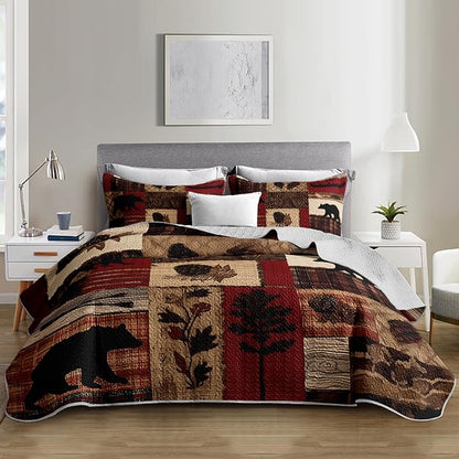 Rustic Black Bear Quilt Bedding Full 3Pcs Natural Forest Wild Hunt Animal Bear Nut Bed Set Retro Flower Grid Pattern Bedspread Coverlet with 2 Pillowcases for Kid Boy Girl Teen Adult Bed Decor