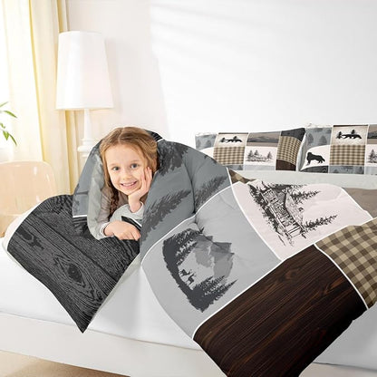 Bear Deer Bedding Set Full Size,Brown Geometric Check Patchwork Comforter Set Wild Animals Hunt Adventure Quilted Duvet Boys Girls Men Teens Bedroom Decor Rustic Country Cabin Duvet Insert 3pcs