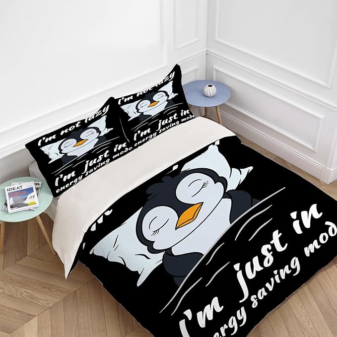 Penguin Theme 3 Pieces Duvet Cover Comforter Set with 2 Pillowcase King Size Cute Penguin Bed Sheet Quilt Bedroom Bedding for Lover Kids