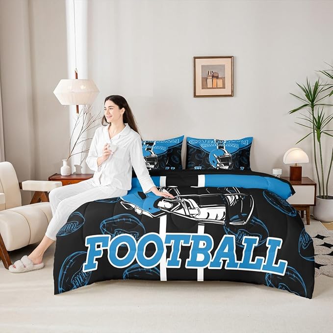 Feelyou Football Comforter Set with Sheets 7 Piece Queen Size Ball Games Bed in a Bag Kids Boys Girls Rugby Bedding Set City of Footballs Bedroom Decor Rugby Sports