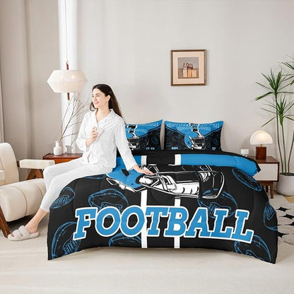 Feelyou Football Comforter Set with Sheets 7 Piece Queen Size Ball Games Bed in a Bag Kids Boys Girls Rugby Bedding Set City of Footballs Bedroom Decor Rugby Sports
