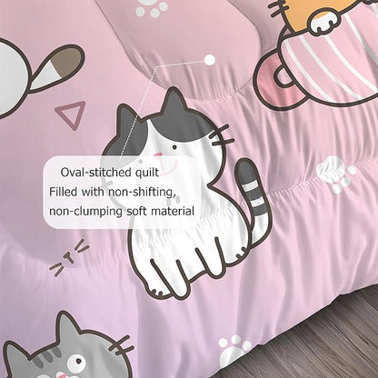 Girls Cat Comforter Set: Twin Size Cute Cats Bedding Set Cartoon Pet Kitten Rainbow Quilt for Kids Teens Boys Kawaii Gray White Kitty Bed Sets 1 Comforter & 1 Pillowcase