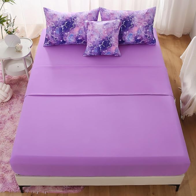 Galaxy Constellation Print Comforter Set Twin Girls Gradient Bedding Set,6 Piece Bed in a Bag with Sheet Bedding Gift for Kids(Purple)
