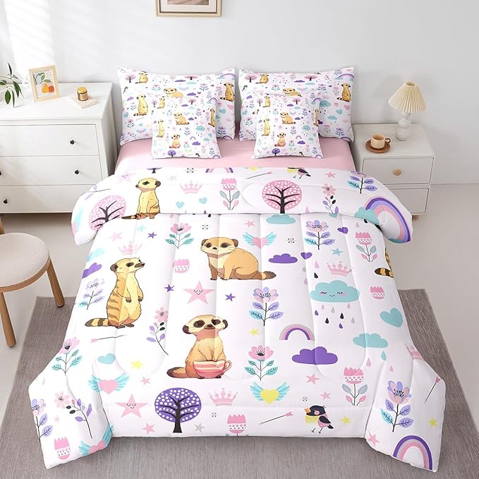 Erosebridal Floral Mongoose 7 Pieces Bedding Set Cartoon Zoo Animal King Comforter Set with Sheets for Boys Girls Kids Room Decor Cute Flower Bed in a Bag Rainbow Bed Set