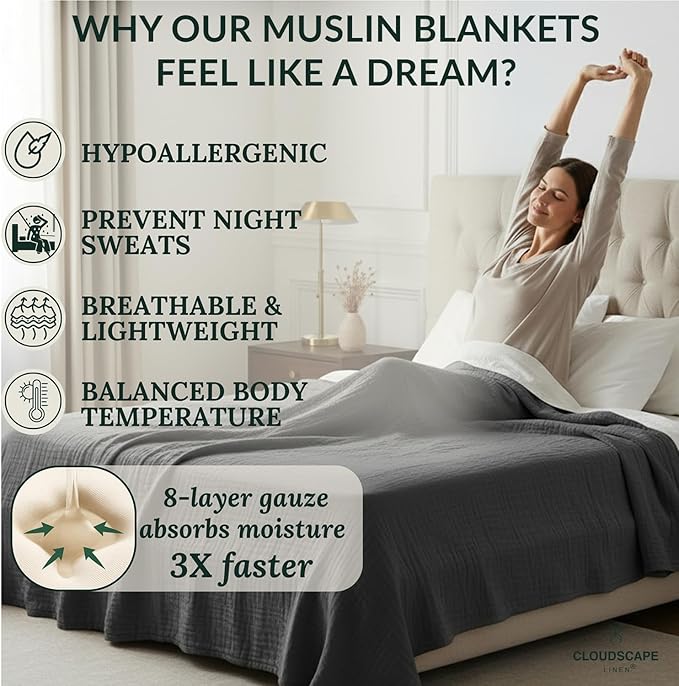 Cloud Scape Linen 100% Cotton 8 Layer Twin Size Muslin Blanket - Breatheable and Soft Winter Blanket for Bed, Couch and Sofa, Oversized Fits up to Twin XL, Best Gift Idea, 68x92, Dark Grey