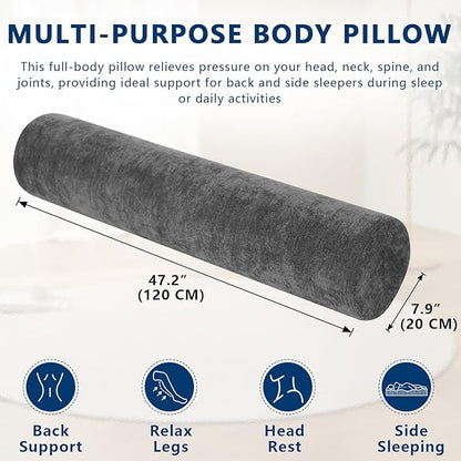 Body Pillow for Adults, Long Full Body Pillow for Side Sleepers and Pregnancy Support, High Resilience Cylindrical Bolster Pillow with Removable Washable Cover (47"x7.9", Dark Grey)