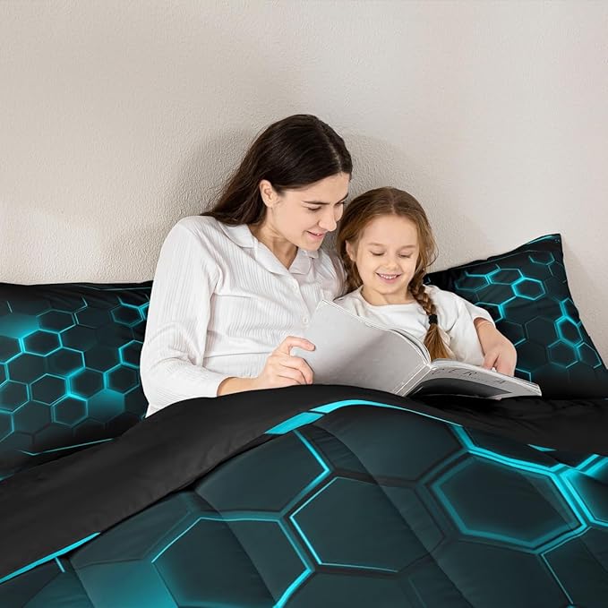 Geometric Honeycomb Hexagon Comforter Set Queen Size Neon Black Blue Bedding Set for Kids Boys Teens Room Decor Video Games Quilted Duvet Modern Fashion Duvet Insert 3pcs with 2 Pillowcases